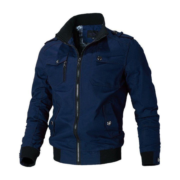 Men's Check Pattern Bomber Jacket with Zip Front and Stand Collar