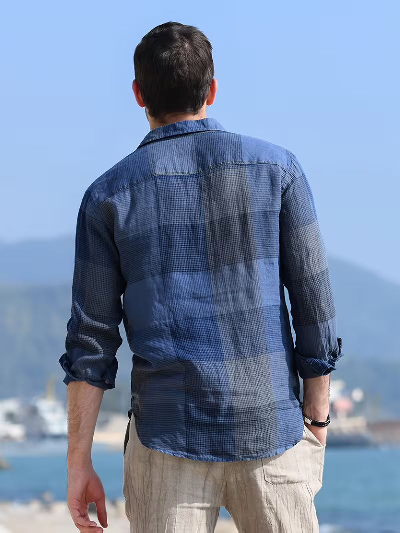 Connor - Men's Navy Check Popover Shirt with Open Collar