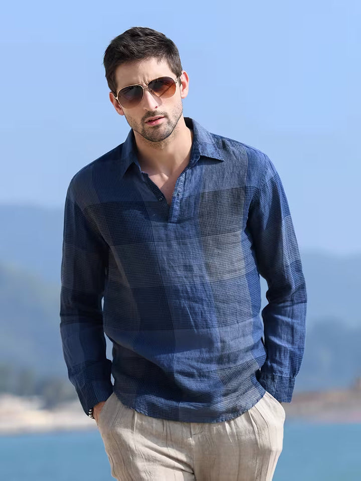 Connor - Men's Navy Check Popover Shirt with Open Collar
