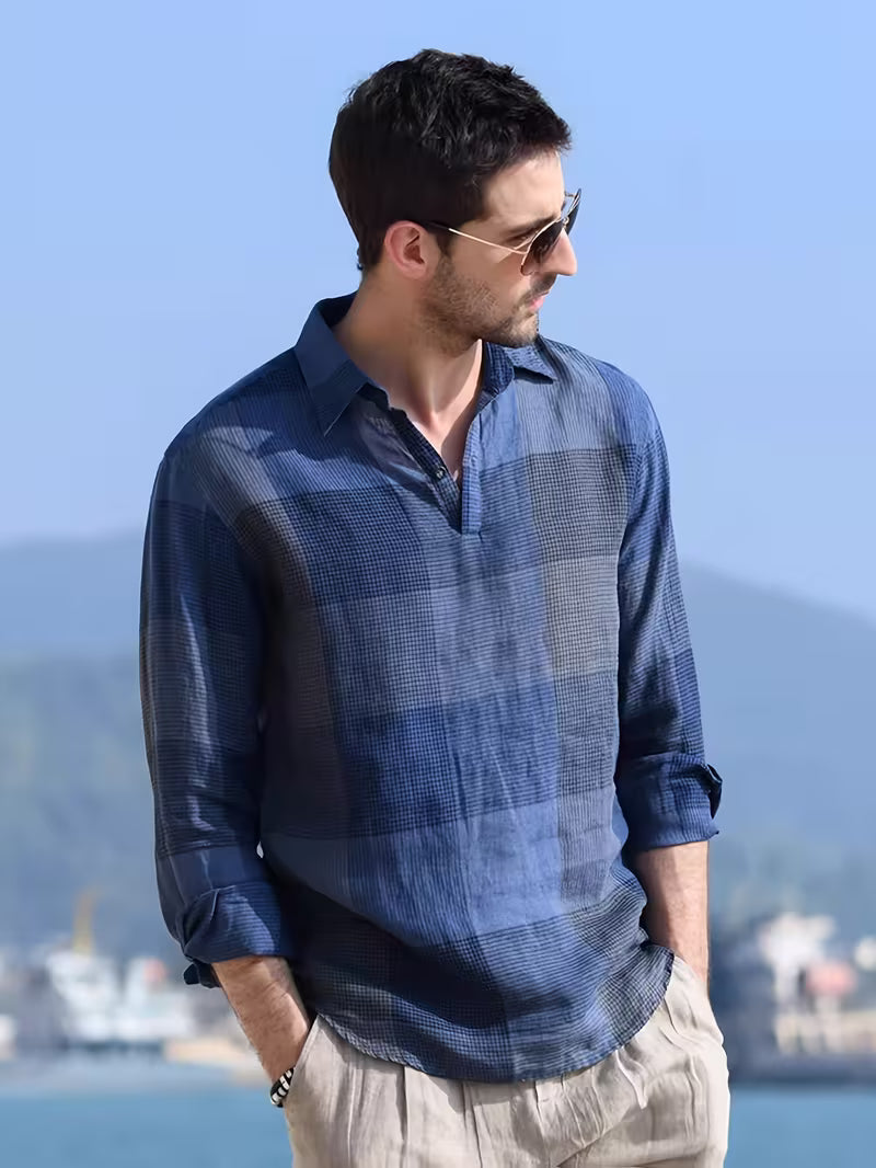 Connor - Men's Navy Check Popover Shirt with Open Collar