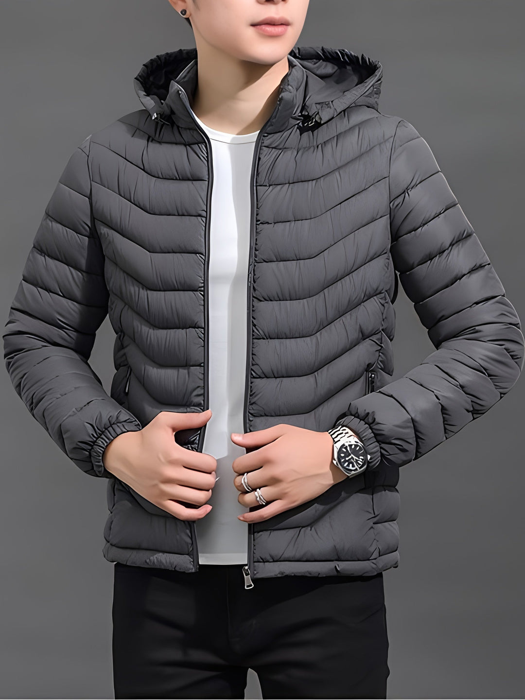 Men's Padded Hooded Puffer Jacket with Full Zip - Gray