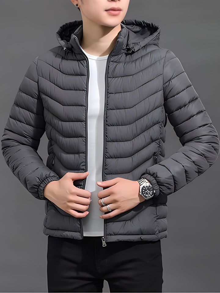 Men's Padded Hooded Puffer Jacket with Full Zip - Gray