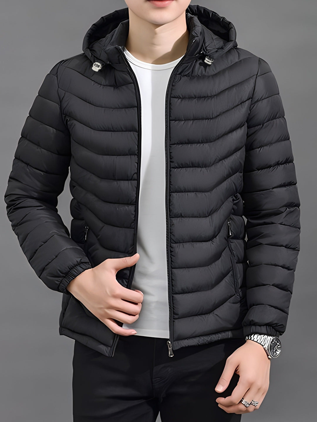 Men's Padded Hooded Puffer Jacket with Full Zip - Black