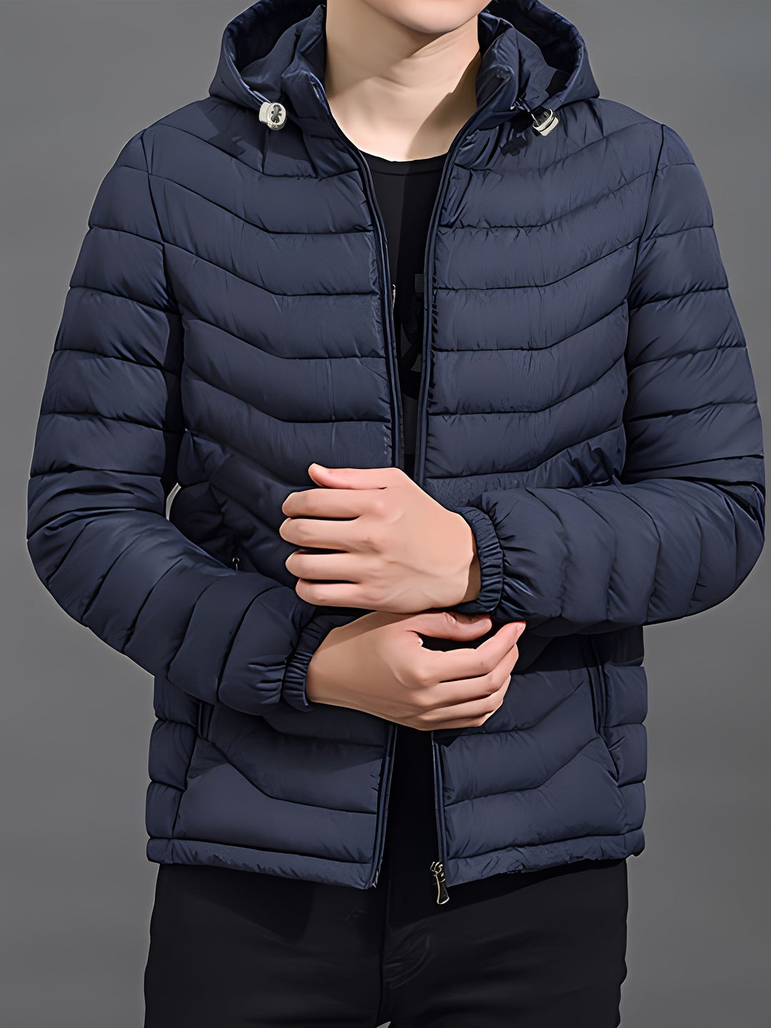 Men's Padded Hooded Puffer Jacket with Full Zip - Navy Blue