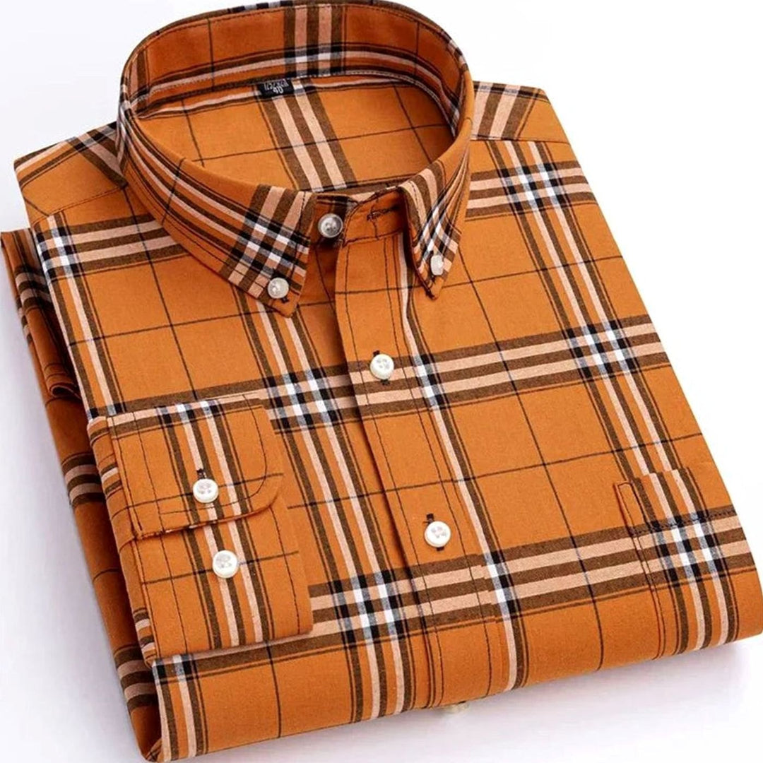 Men's Plaid Button-Down Shirt - Orange