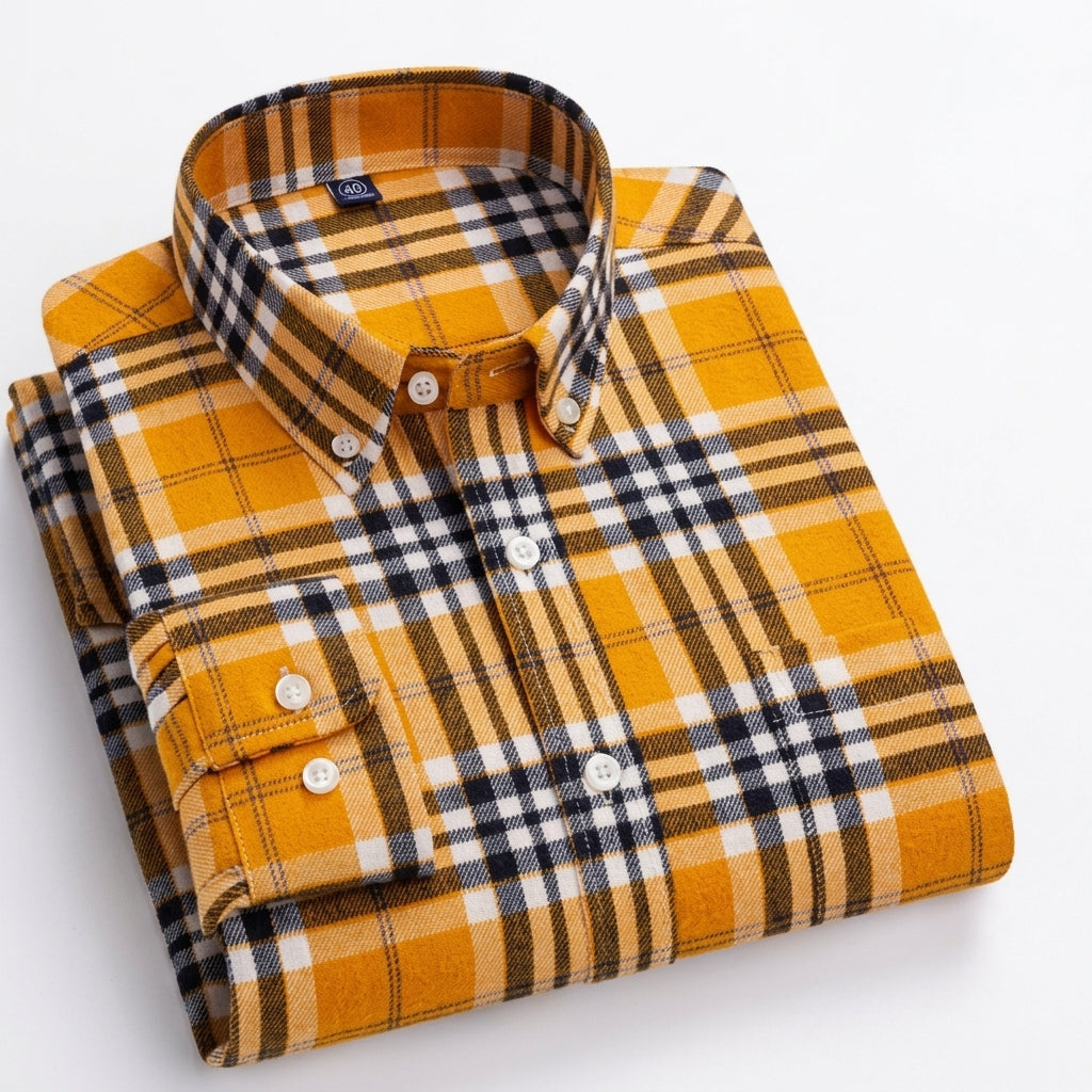 Men's Plaid Button-Down Shirt - Mustard Yellow
