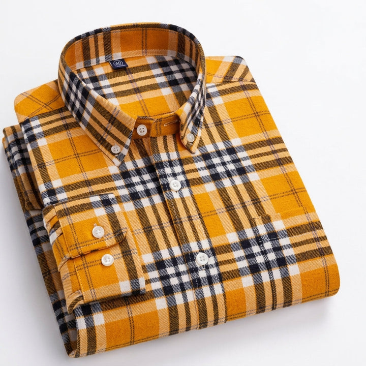 Men's Plaid Button-Down Shirt - Mustard Yellow