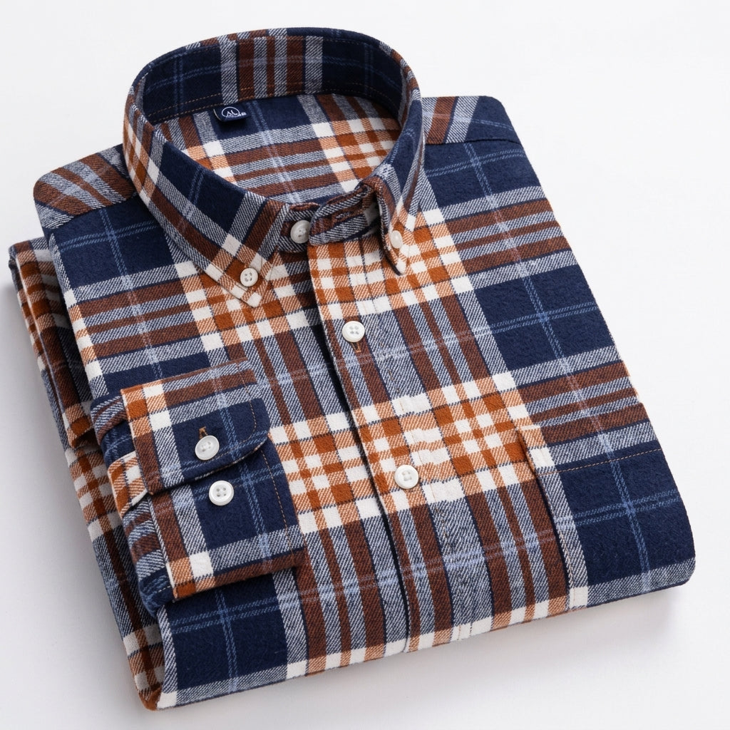 Men's Plaid Button-Down Shirt - Navy Rust