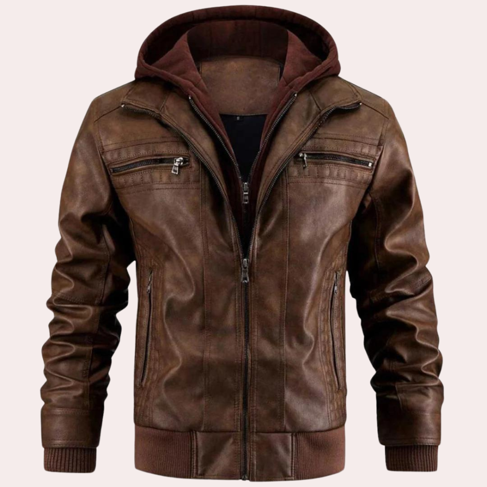 Men's Relaxed Hooded Jacket with Roll Neck in Brown