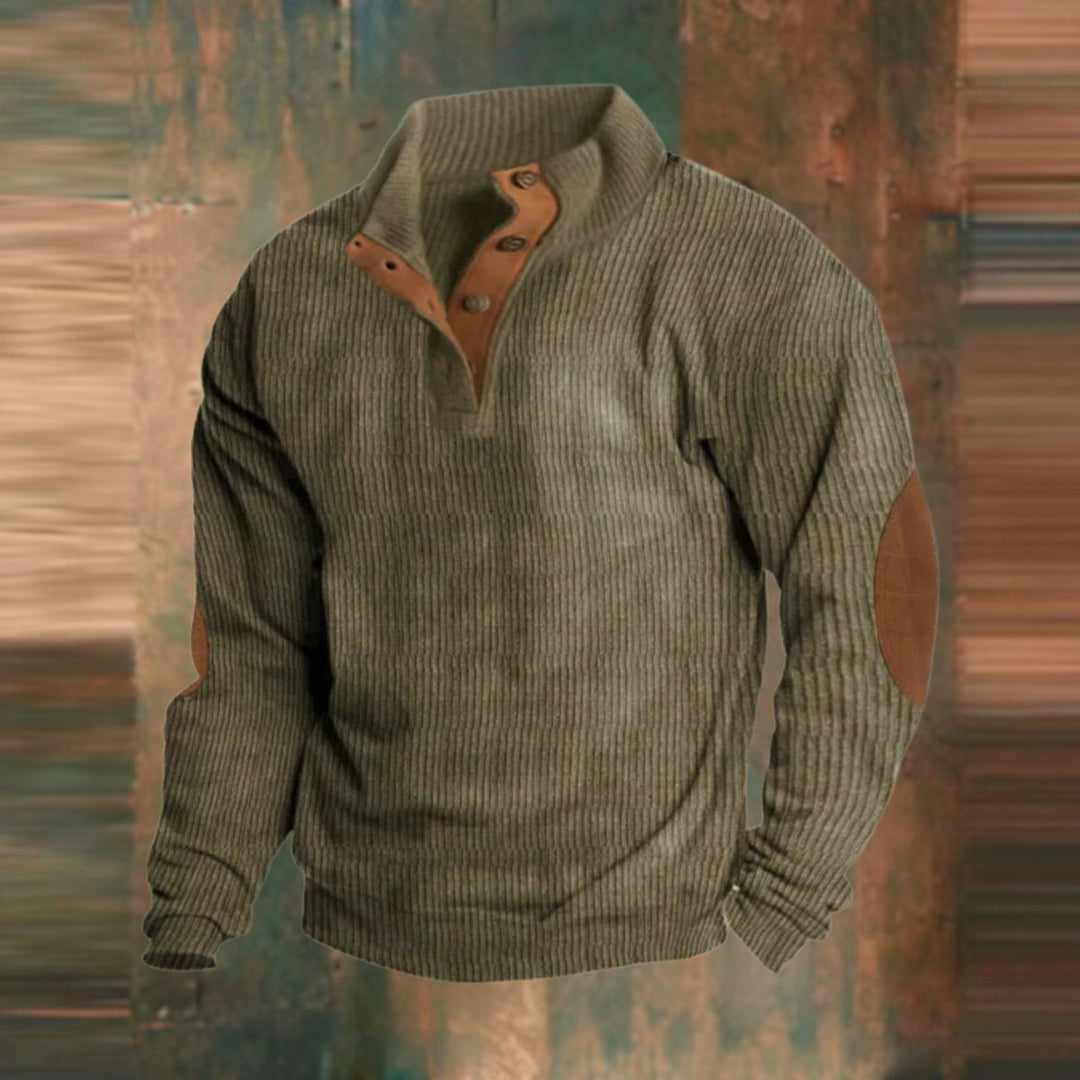 Men's Ribbed Knit Sweater Quarter-Snap Elbow Patch Pullover