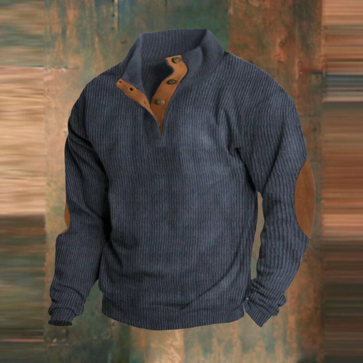 Men's Ribbed Knit Sweater Quarter-Snap Elbow Patch Pullover