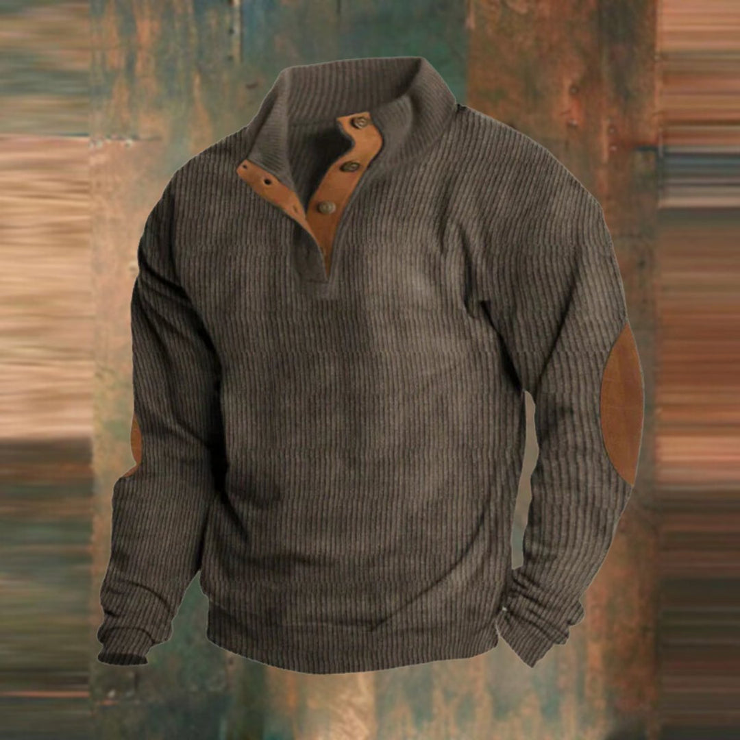 Men's Ribbed Knit Sweater Quarter-Snap Elbow Patch Pullover