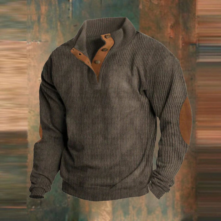 Men's Ribbed Knit Sweater Quarter-Snap Elbow Patch Pullover