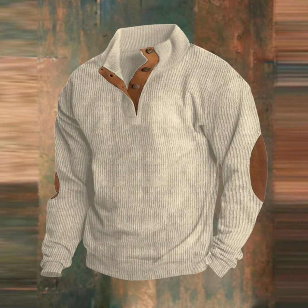 Men's Ribbed Knit Sweater Quarter-Snap Elbow Patch Pullover
