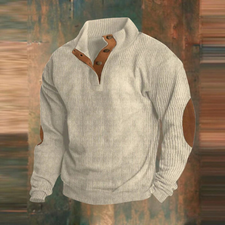 Men's Ribbed Knit Sweater Quarter-Snap Elbow Patch Pullover