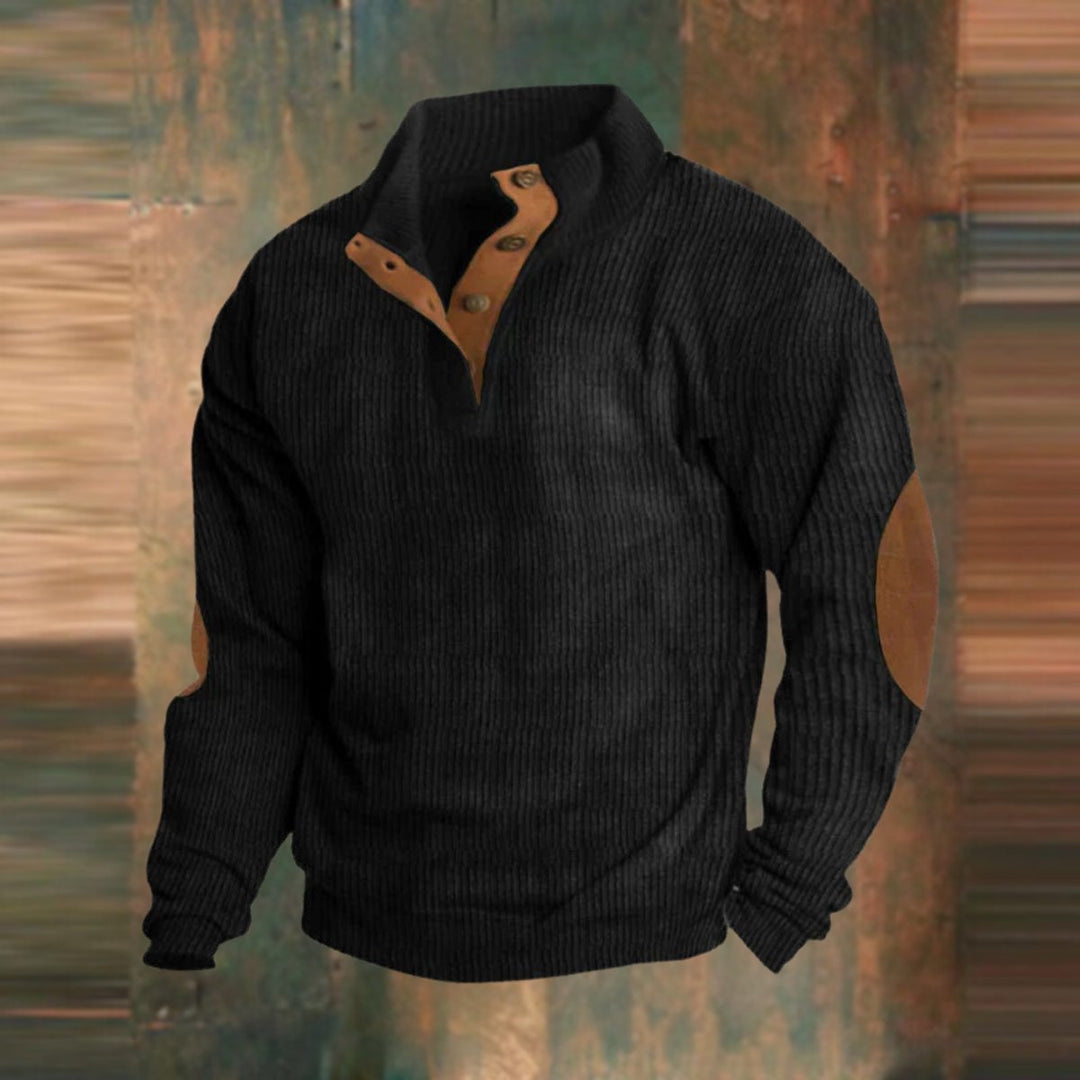 Men's Ribbed Knit Sweater Quarter-Snap Elbow Patch Pullover