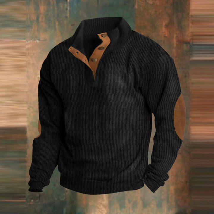 Men's Ribbed Knit Sweater Quarter-Snap Elbow Patch Pullover