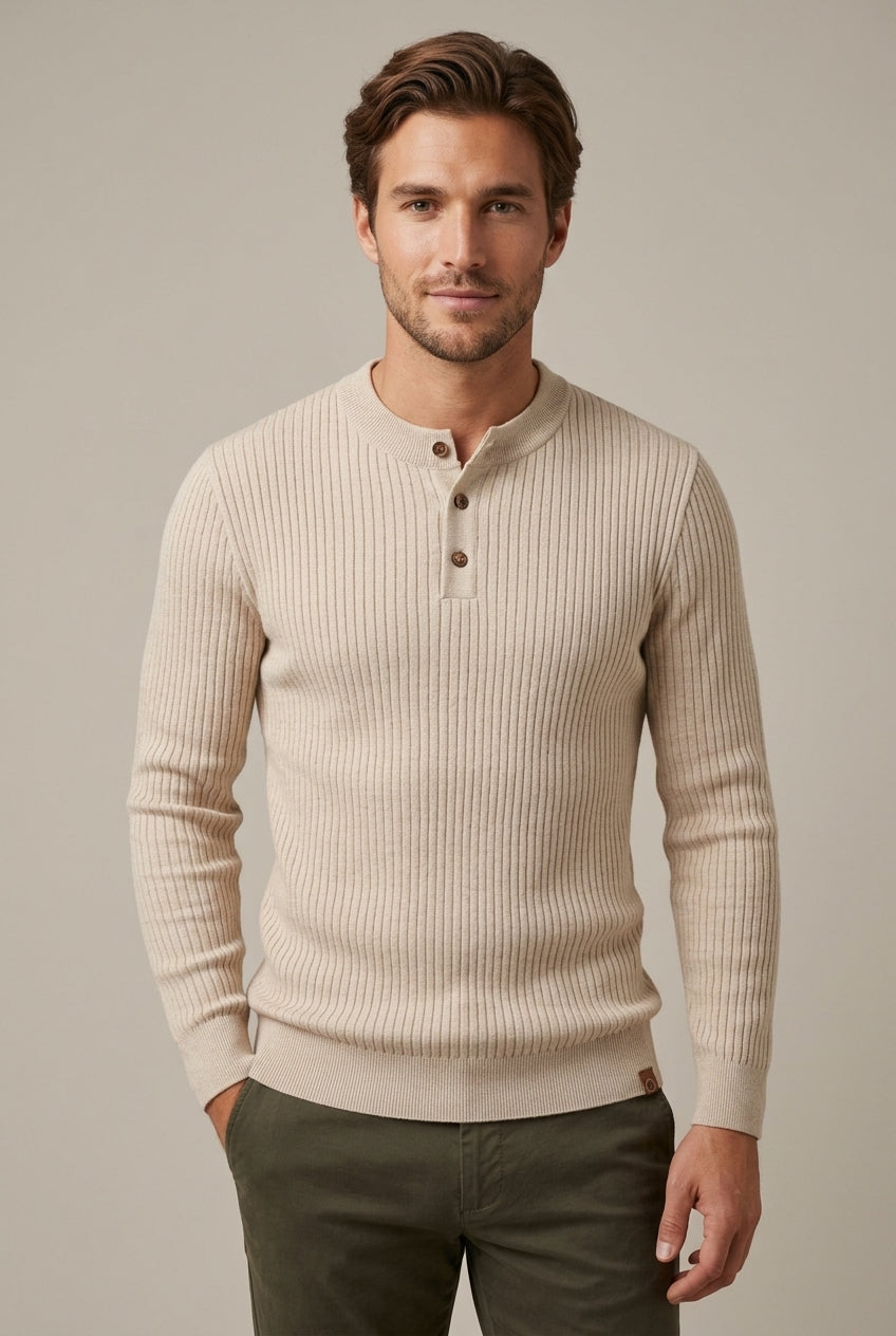 Men's Ribbed Henley Neck Sweater with Long Sleeves - Beige