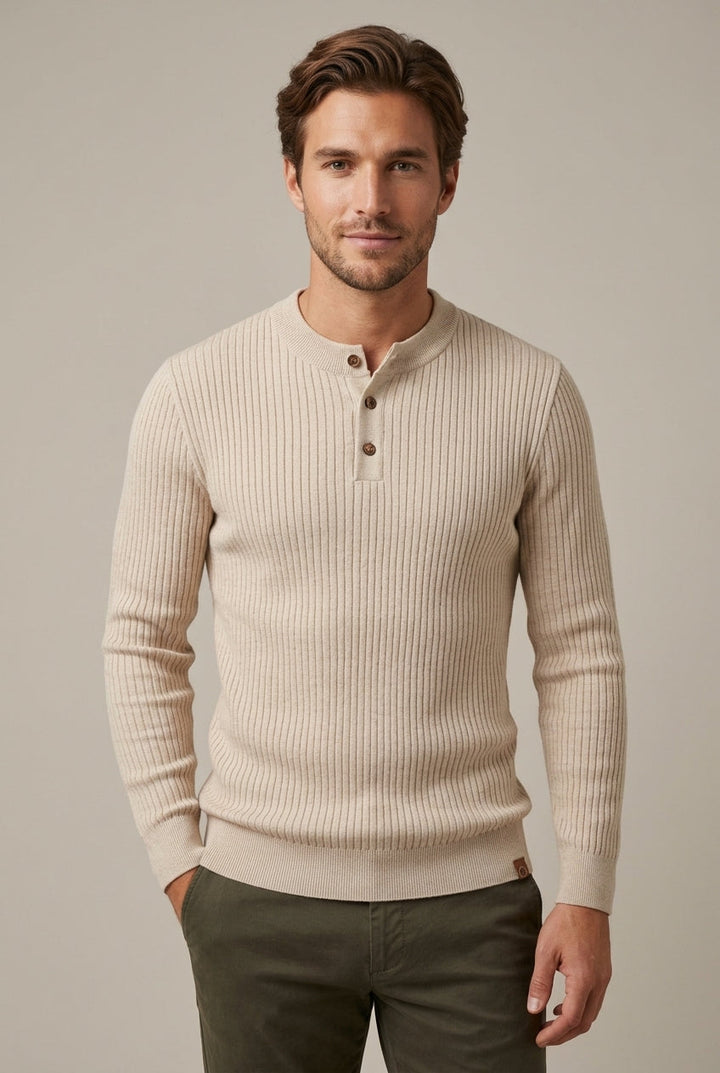 Men's Ribbed Henley Neck Sweater with Long Sleeves - Beige