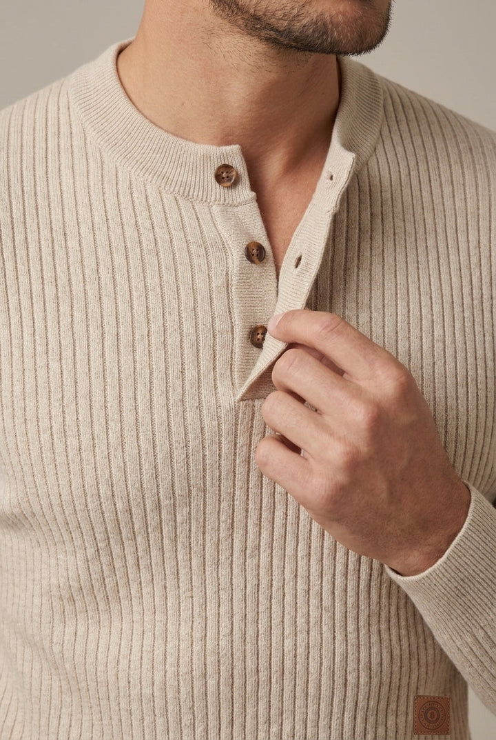 Men's Ribbed Henley Neck Sweater with Long Sleeves