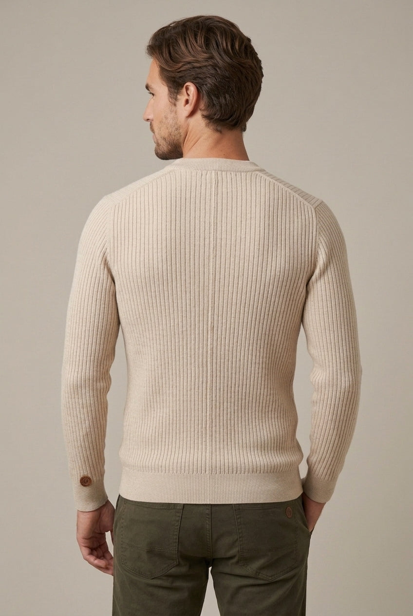 Men's Ribbed Henley Neck Sweater with Long Sleeves