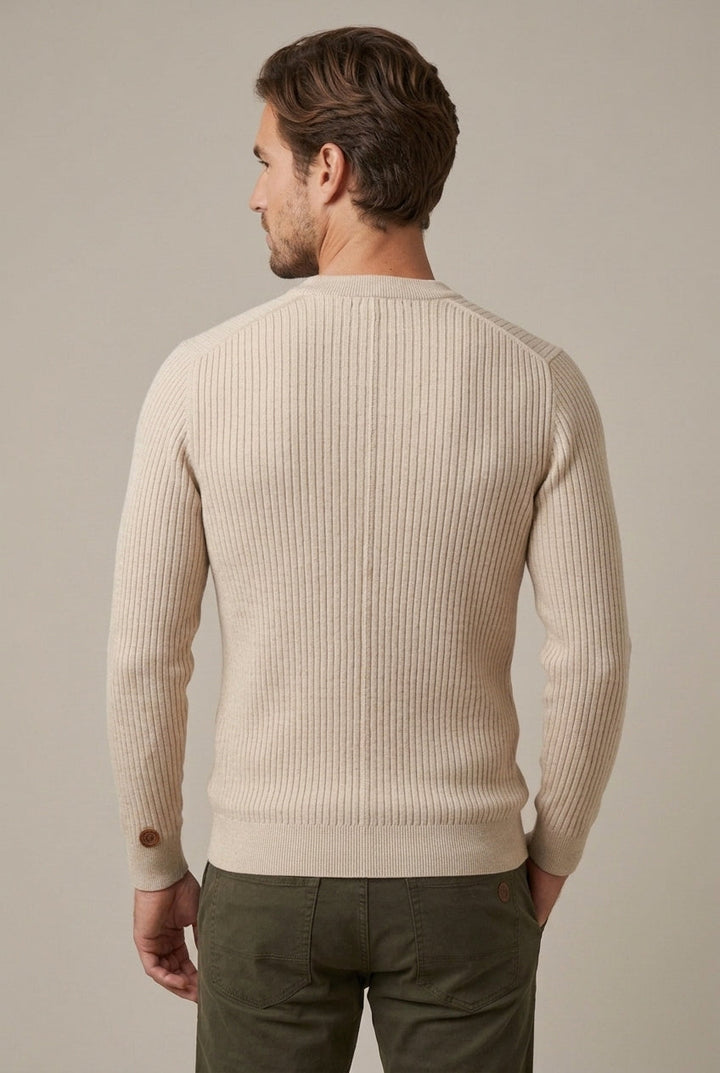 Men's Ribbed Henley Neck Sweater with Long Sleeves
