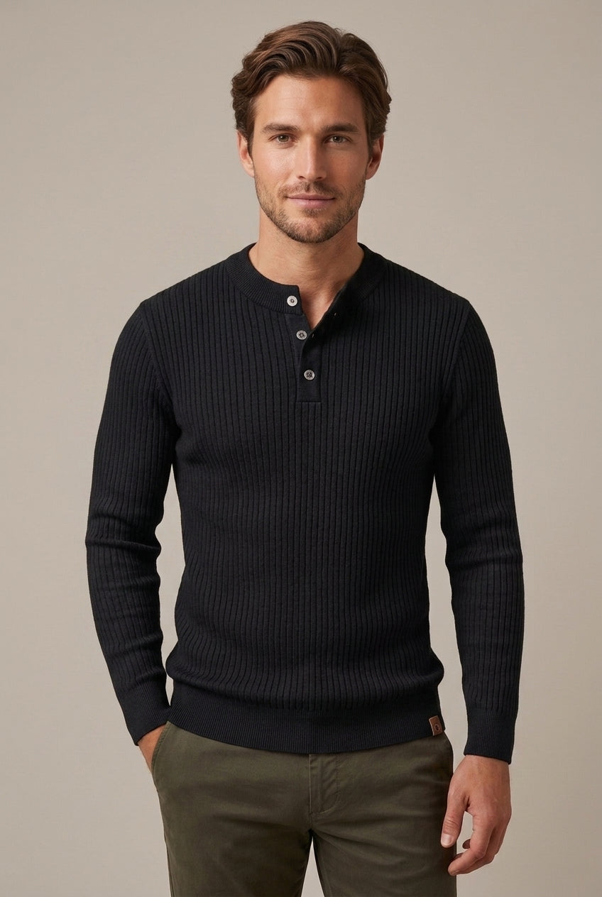 Men's Ribbed Henley Neck Sweater with Long Sleeves - Black