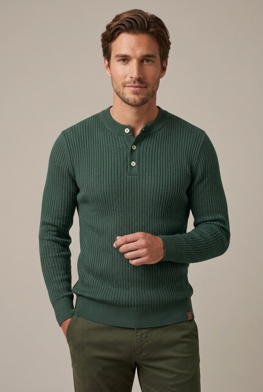 Men's Ribbed Henley Neck Sweater with Long Sleeves - Green