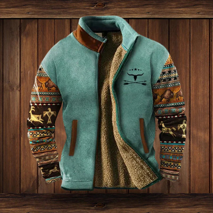 Hugh - Men's Sherpa Lined Aztec Print Zip Jacket