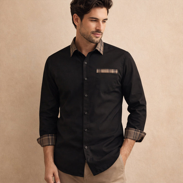 Men's Shirt with Check Collar and Cuffs - Black