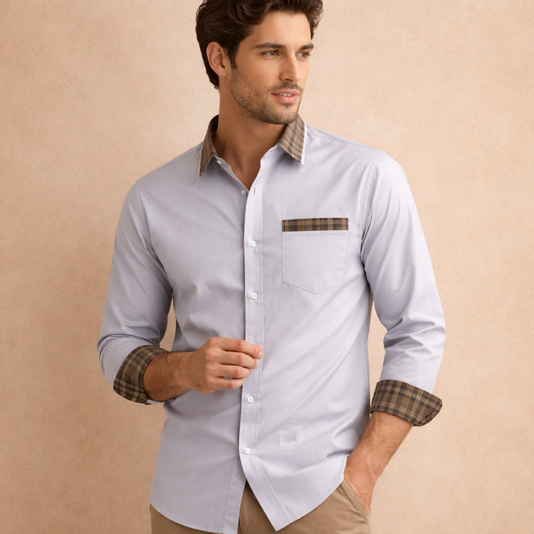Men's Shirt with Check Collar and Cuffs - White