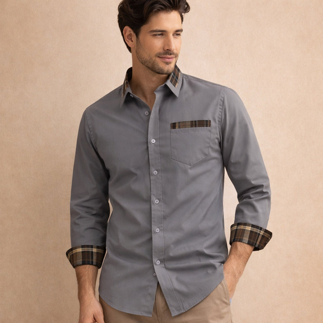 Men's Shirt with Check Collar and Cuffs - Grey