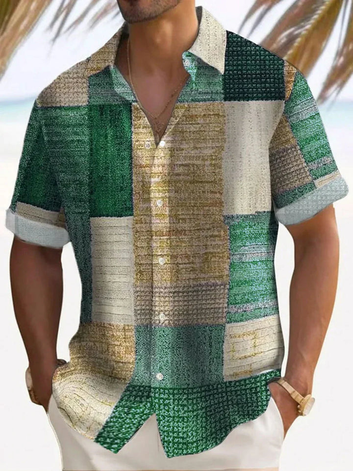 Men's Short Sleeve Patchwork Shirt with Camp Collar - photo 9