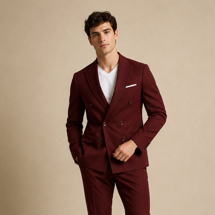 Men's Slim Fit Double-Breasted Blazer - Burgundy