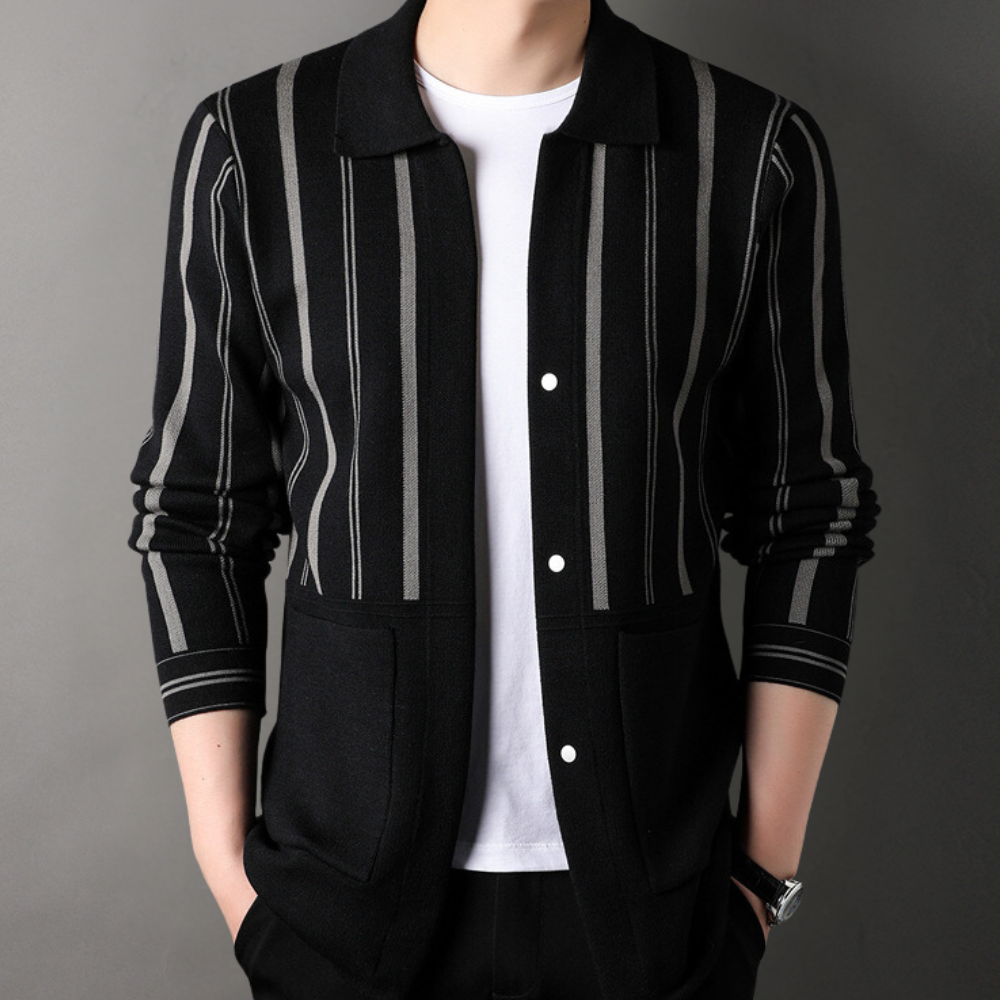 Men's Striped Button-Front Cardigan with Side Pockets in Grey