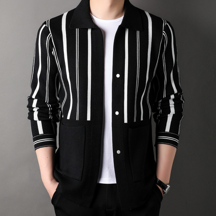 Men's Striped Button-Front Cardigan with Side Pockets in White