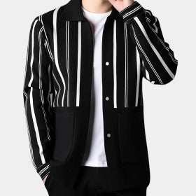 Men's Striped Button-Front Cardigan with Side Pockets