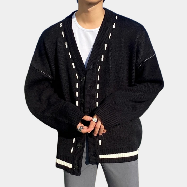 Men's V-Neck Cardigan with Contrast Trim and Button Front in Black