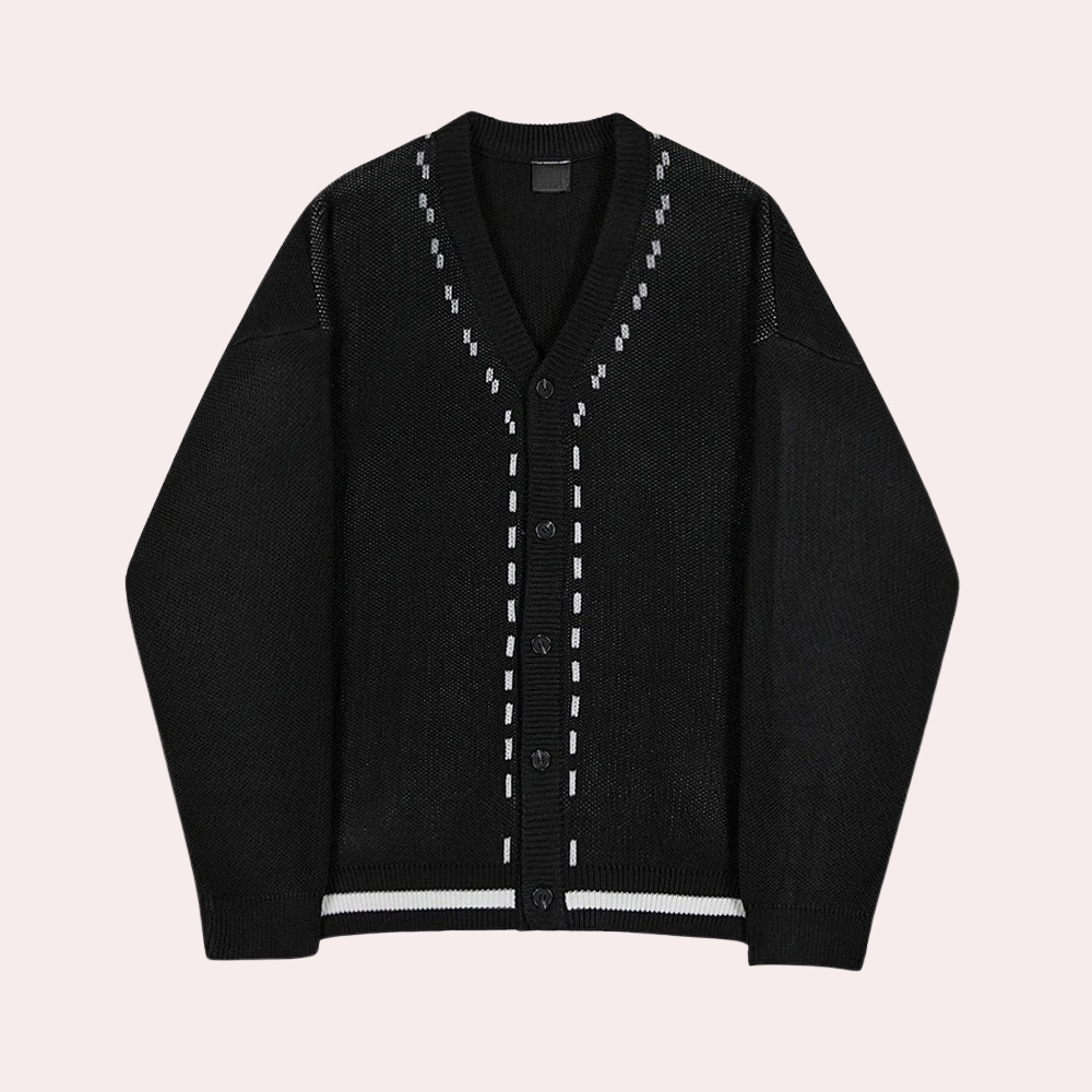 Men's V-Neck Cardigan with Contrast Trim and Button Front