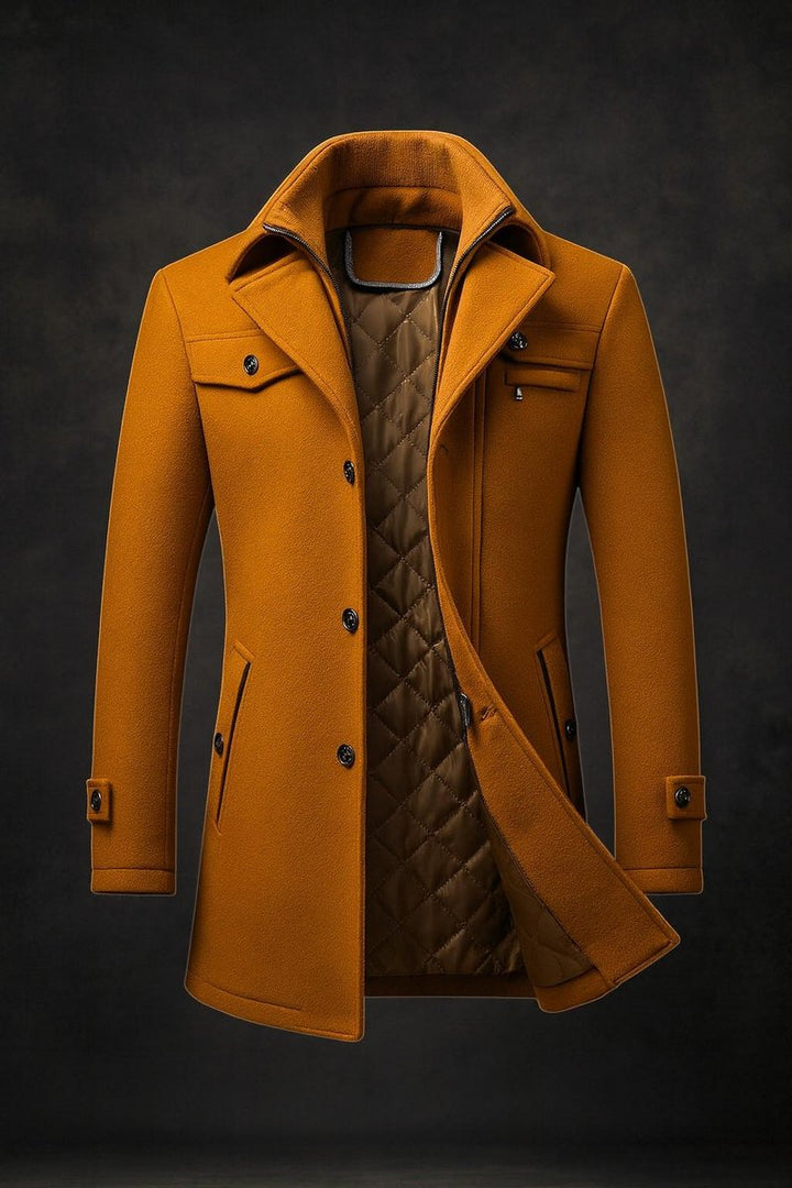 Mens Wool Coat Double-Collar Quilted-Lined Overcoat