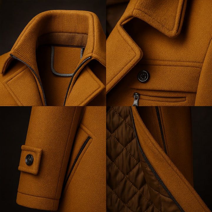 Mens Wool Coat Double-Collar Quilted-Lined Overcoat