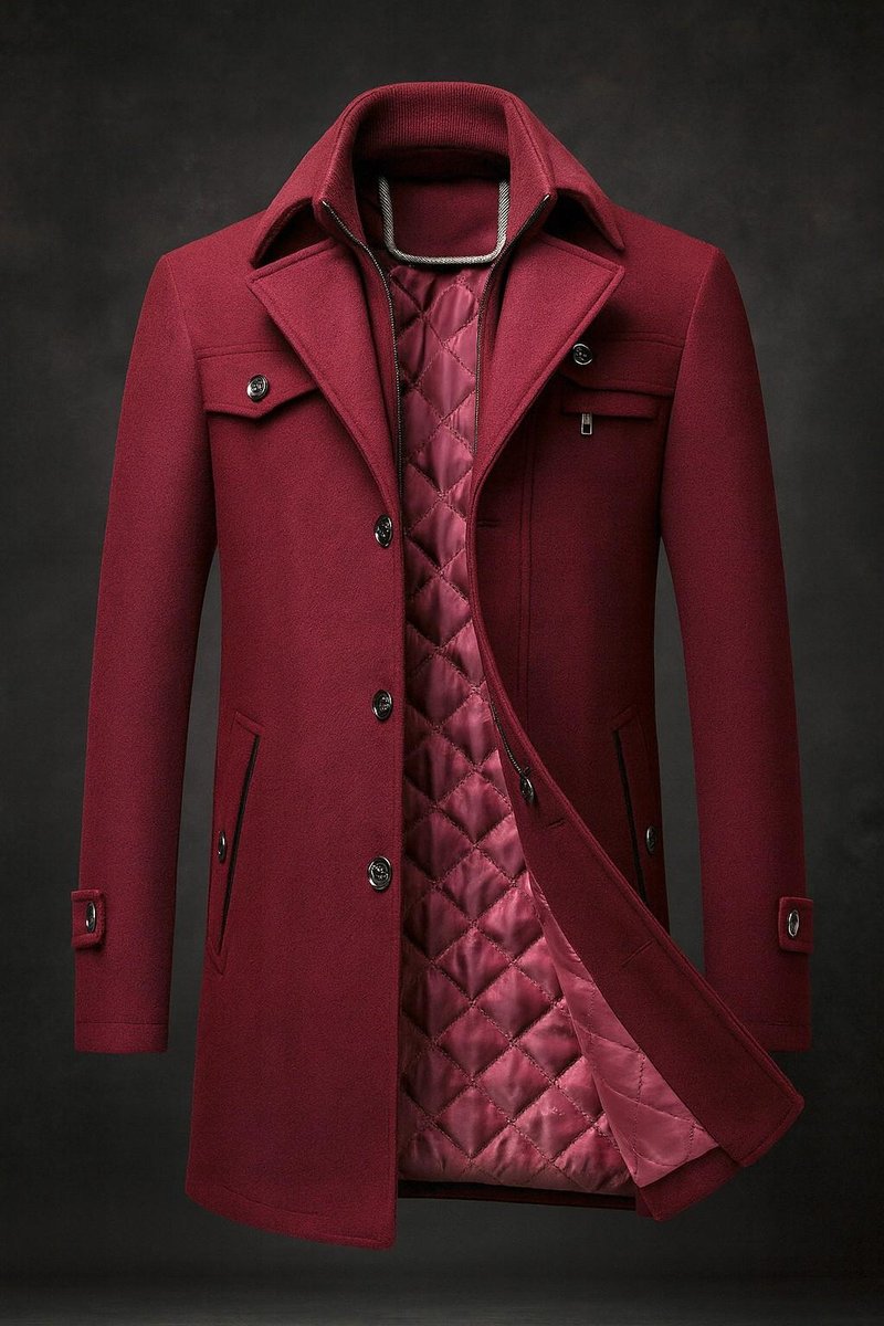 Mens Wool Coat Double-Collar Quilted-Lined Overcoat