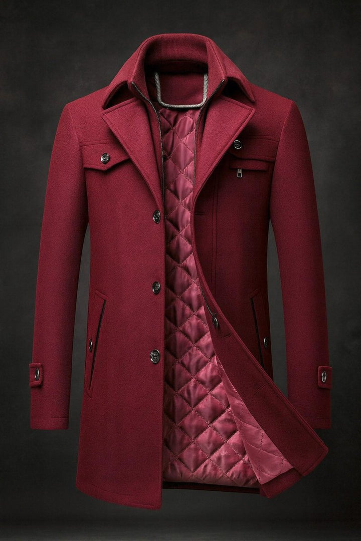 Mens Wool Coat Double-Collar Quilted-Lined Overcoat