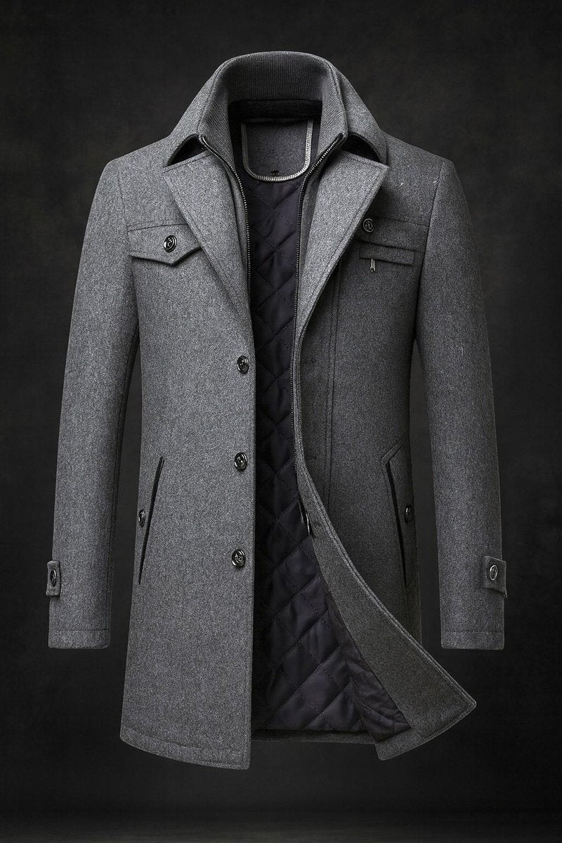 Mens Wool Coat Double-Collar Quilted-Lined Overcoat
