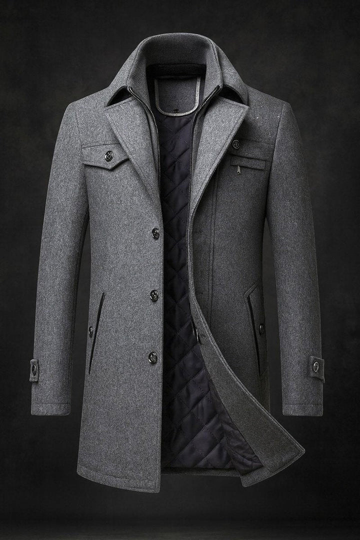 Mens Wool Coat Double-Collar Quilted-Lined Overcoat