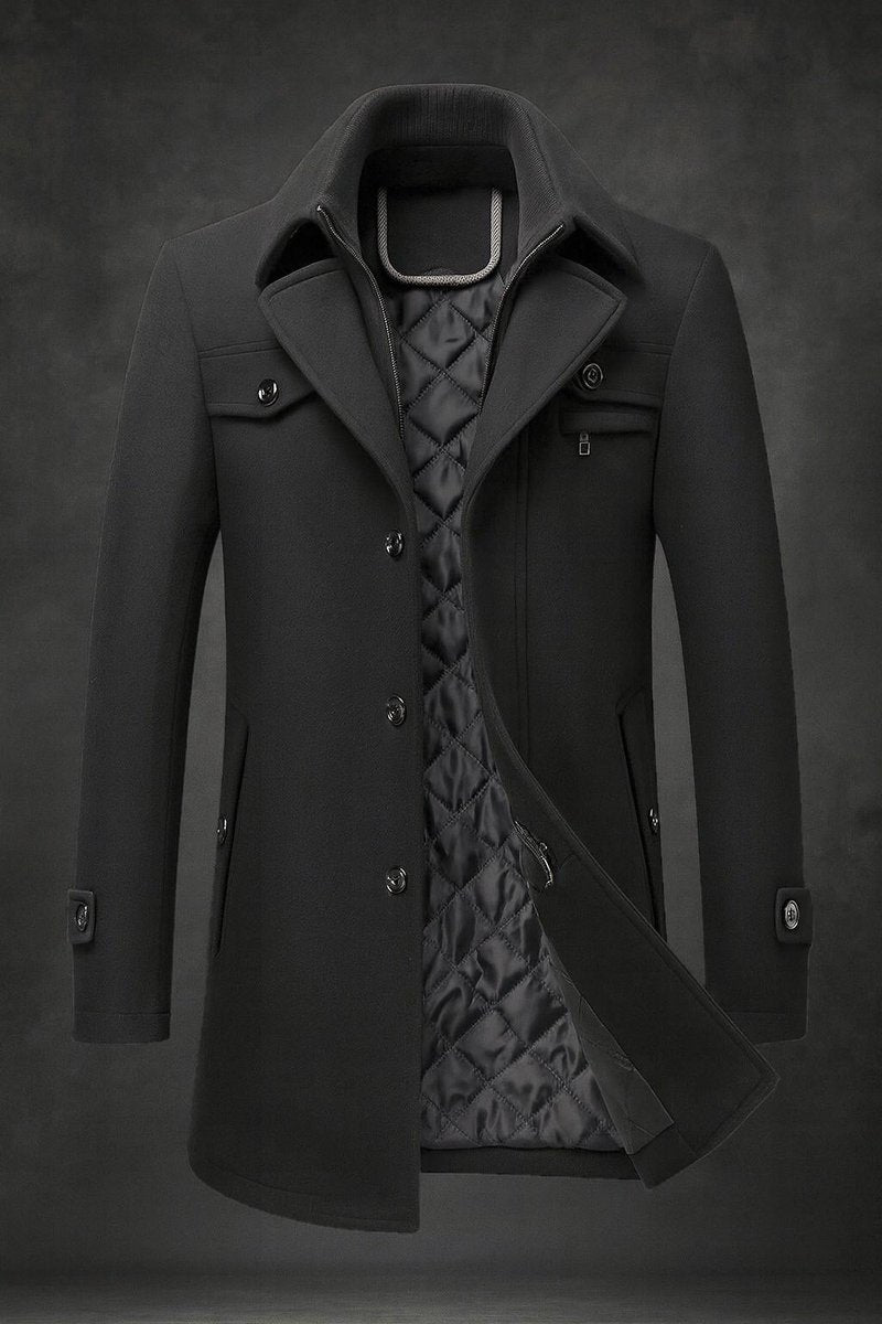 Mens Wool Coat Double-Collar Quilted-Lined Overcoat