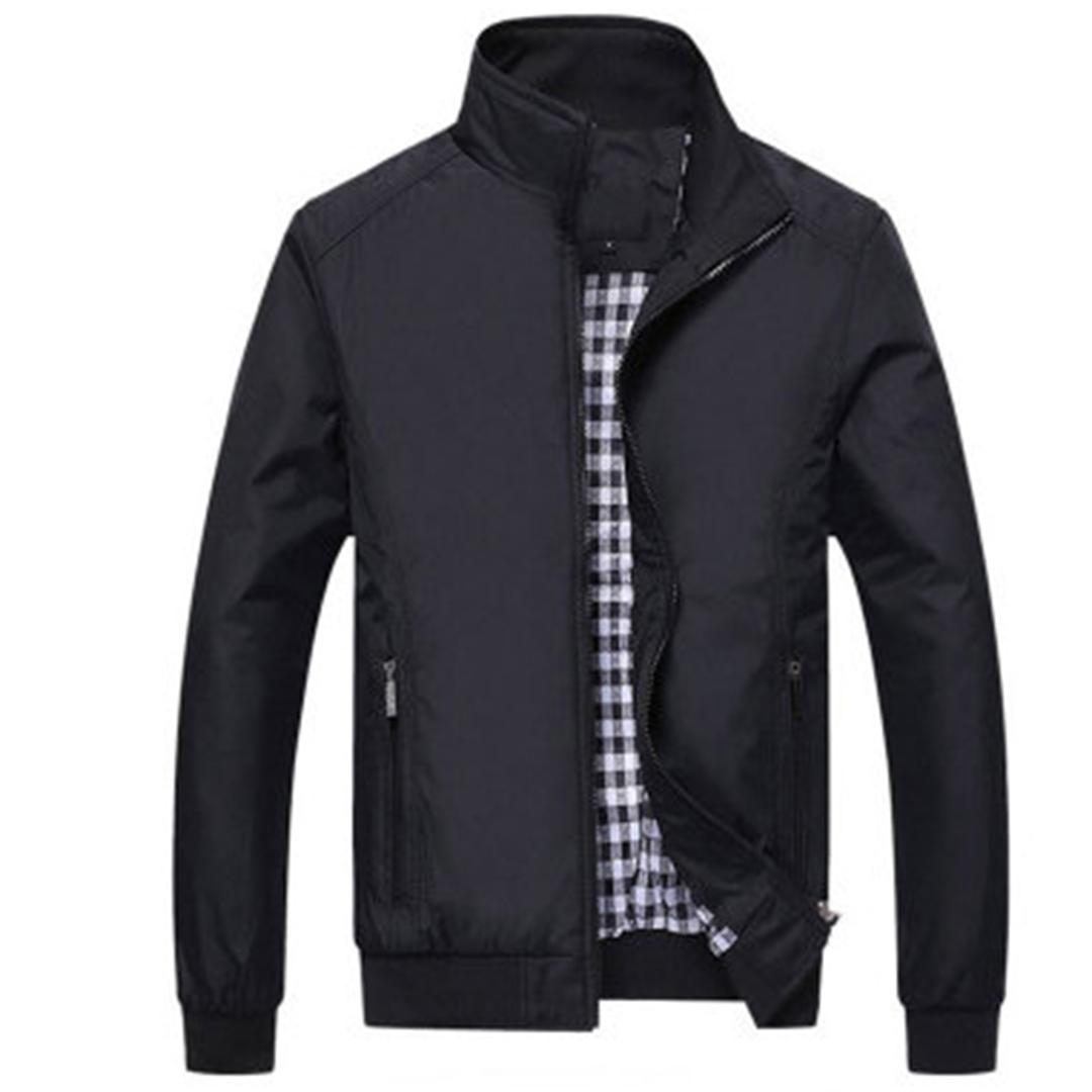 Men's Zip-Front Jacket with Stand Collar and Check Lining in Black