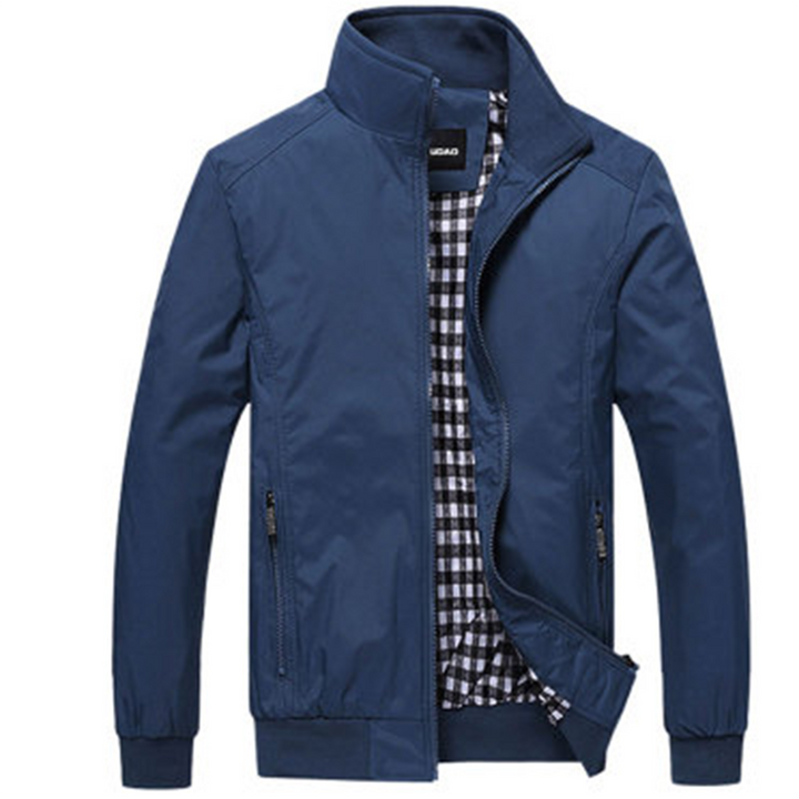 Men's Zip-Front Jacket with Stand Collar and Check Lining in Blue
