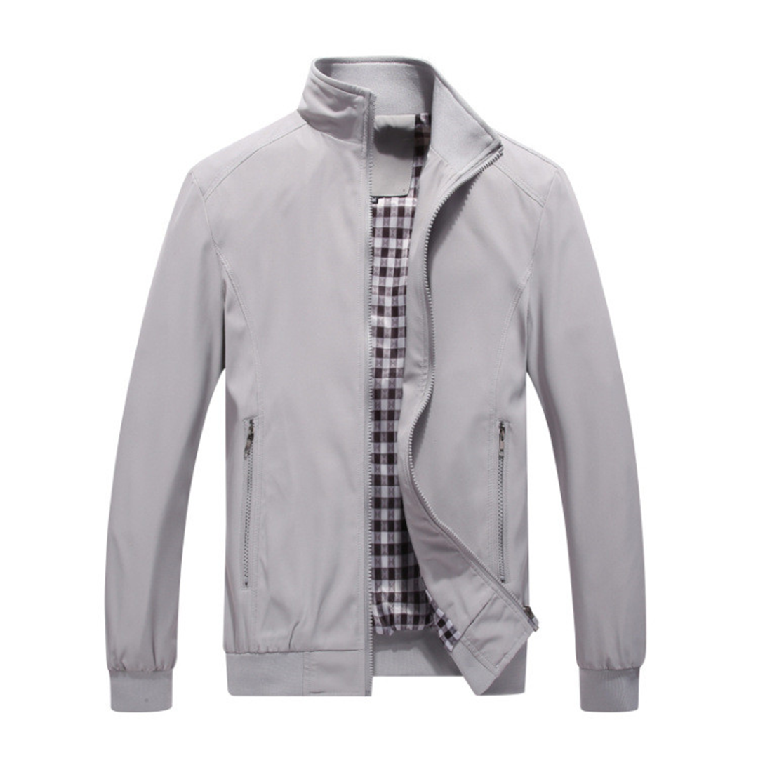 Men's Zip-Front Jacket with Stand Collar and Check Lining in Grey