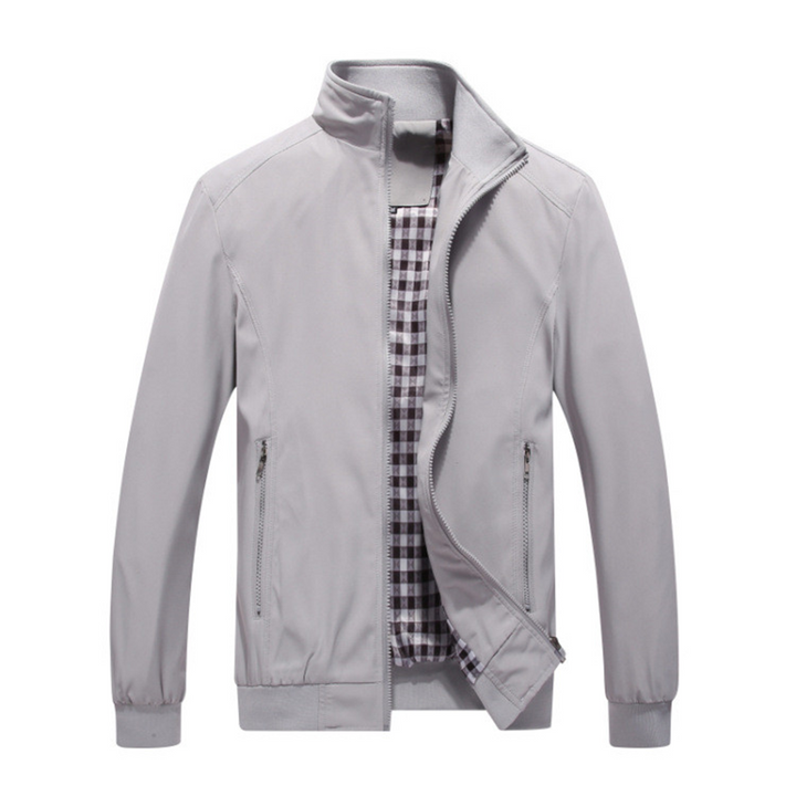 Men's Zip-Front Jacket with Stand Collar and Check Lining in Grey